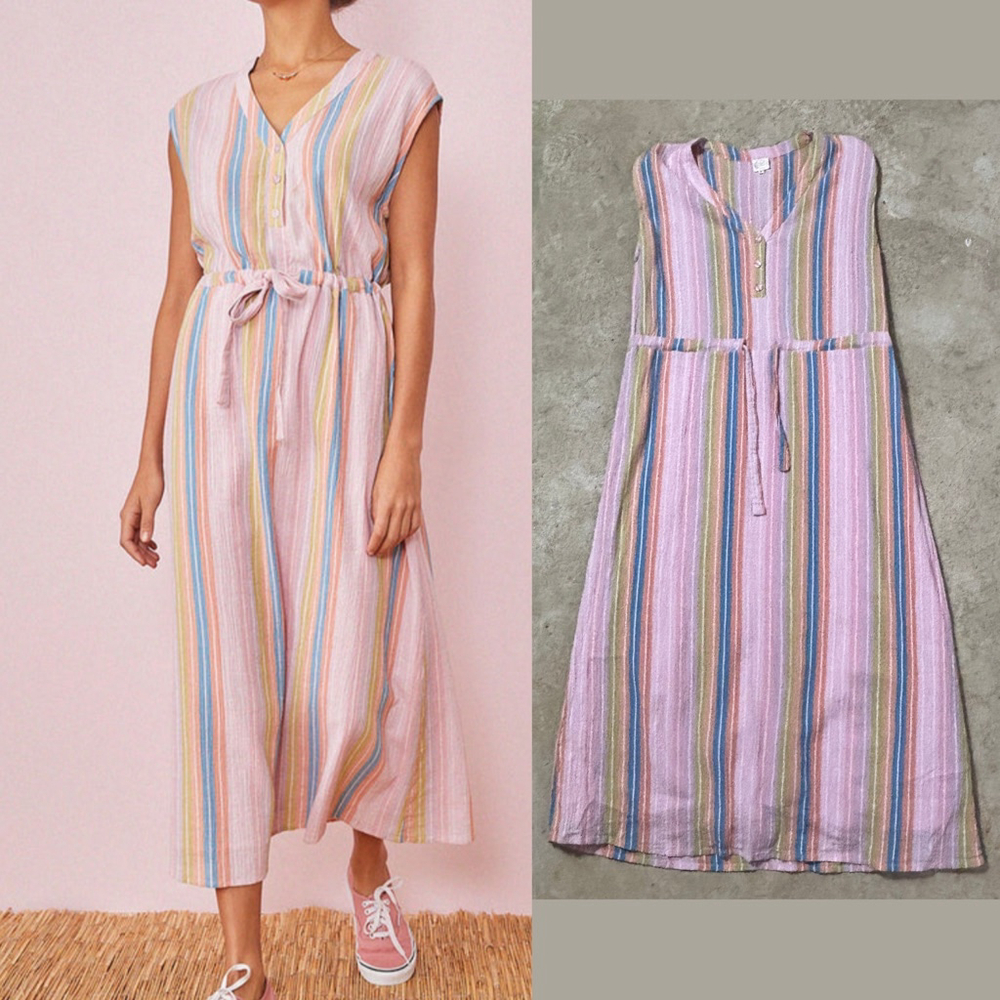 Des Petits Hauts Cotton Crepe Pink Striped Midi Dress Women's Size XS V-Neck